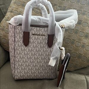Michael Kors Beige Brown Monogram Small Crossbody Tote